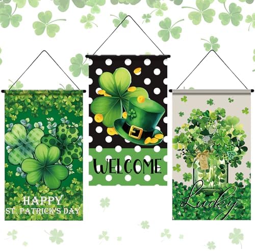 Tegeme 3 Pcs Happy St. Patrick's Day Banner Door Decoration St. Patricks Day Hanger Door Sign Green Shamrock Hanging Flag Ornaments for Irish Party Holiday Outdoor Indoor Home by Tegeme