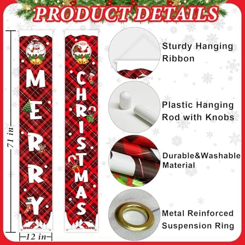 Christmas Porch Decorations Christmas Banner Red Buffalo Check Plaid Xmas Hanging Front Door Signs Outdoor Indoor Snowman Santa Wall Decor Xmas Party Decoration 12" x 72" - Image 6