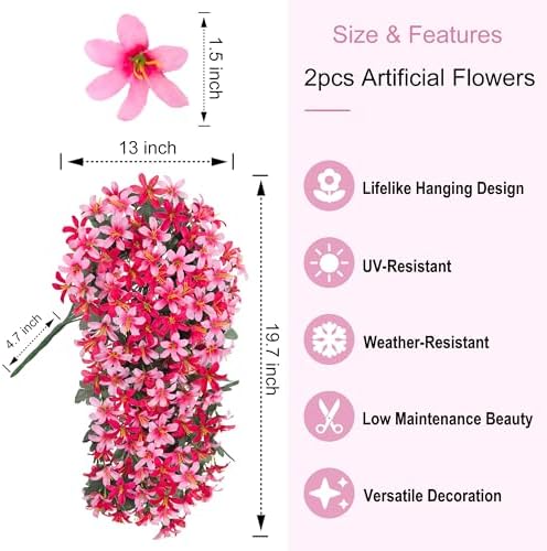 Ivydale Artificial Lily Flowers for Outdoors Fake Hanging Flower Vines for Outside Decoration, UV Resistant 2PCS Faux Plants for Patio Porch Balcony Garden Yard, Pink & Rose - Image 3