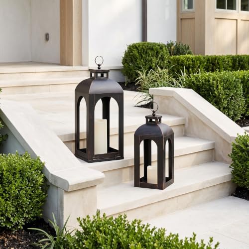 LED Lantern Decorative Outdoor&Indoor, Set of 2 (17’’&13’’) Black Metal Lanterns Decor, Vintage Hanging Candle Holder for Home Porch Wedding Halloween Christmas Decorations Battery Powered - Image 2