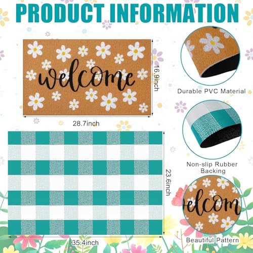 Drydiet 2 Pcs Spring Layered Door Mat Daisy Teal Plaid Outdoor Non Slip - Image 3