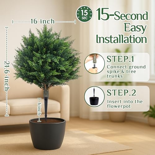PATIO CHOICE Topiary Trees Artificial Outdoor Cedar Ball Trees with Ground Spike Set of 2 22" Fake Outdoor Plants Faux Bushes and Shrubs Decorations for Outdoor Indoor Front Porch Garden - Image 2