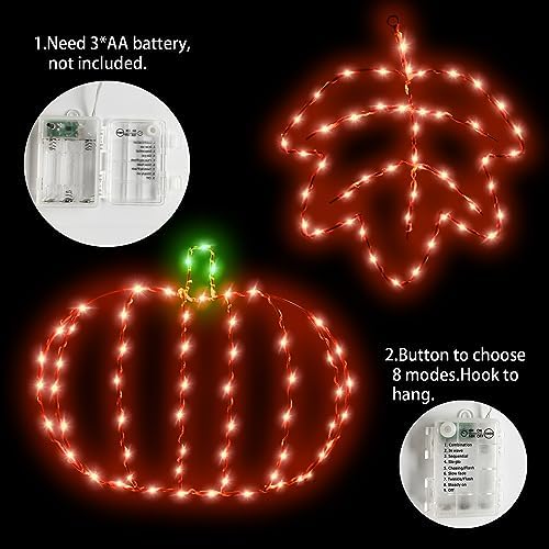 Fall Thanksgiving Window Lights, 2Pack Light up Pumpkin and Maple Leaf - Image 2