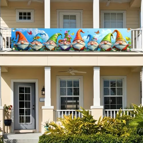 BlissYard Welcome Spring Fence Banner Gnomes Garden Decor 78 x 17 Inch - Image 3