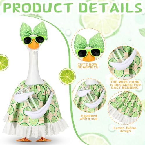Abbylike Summer Lime Porch Goose Outfit Lemons Clothes Costume for 23'' Goose Dress with Green Bow Frame Glasses for Summer Garden Porch Statue Yard Pathway Decorations - Image 4