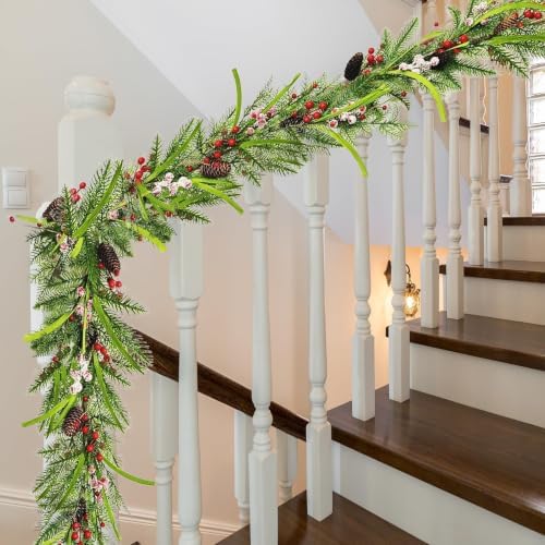 6 Ft Christmas Artificial Pine Vine Garland Green Norfolk Swags Garland Snowy Red Berries Pinecones Pine Needles Garlands for Christmas Holiday Xmas Winter Mantle Party Table Centerpiece Decorations - Image 6