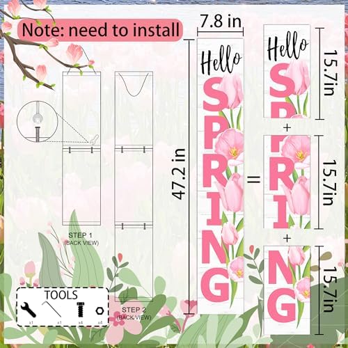 Hello Spring Porch Sign Tulip Wooden Welcome Sign Vertical Spring Hanging Signs For Standing Front Porch Decor Rustic Wall Decor Home Farmhouse Yard Door Spring Decorations 47.2"H - Image 3
