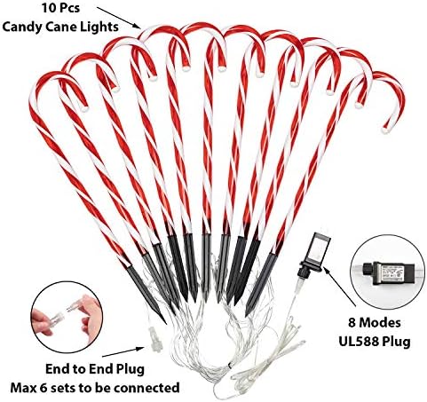 Candy Cane Outdoor Landscape Lights - 10 Pack 60 Red LEDs 21in Lighted Christmas Path Lights String with Memory Function 8 Flashing Modes End-to-End Plug in Waterproof Outside Candy Xmas Decorations - Image 2