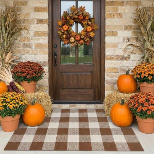 Fall Decor Buffalo Plaid Outdoor Rug 27.5" x 43" Coffee and White Checkered Area Rug Washable Fall Doormats Indoor Outdoor Rugs for Layered Front Door Mats, Porch, Entryway, Kitchen, Farmhouse - Image 3
