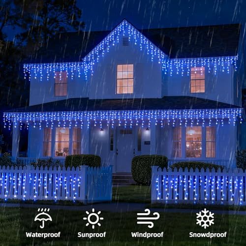 Christmas Outdoor Icicle Lights - 480 LED 66+33 FT 8 Modes Curtain Fairy String Light Plug in, Waterproof for Eaves Yard Holiday Xmas Holiday Indoor Outdoor Decoration - Blue White - Image 4