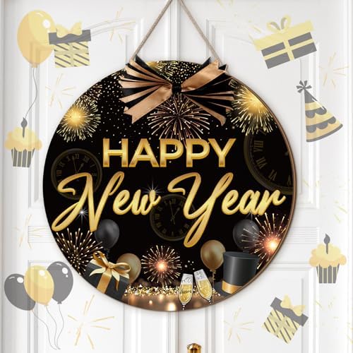 Moucuny Happy New Year Front Door Sign Black Gold Wreaths New Year Wooden Hanging Welcome Door Hanger Sign Farmhouse Decor for Home Front Porch Decor by Moucuny