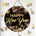 Moucuny Happy New Year Front Door Sign Black Gold Wreaths New Year Wooden Hanging Welcome Door Hanger Sign Farmhouse Decor for Home Front Porch Decor by Moucuny