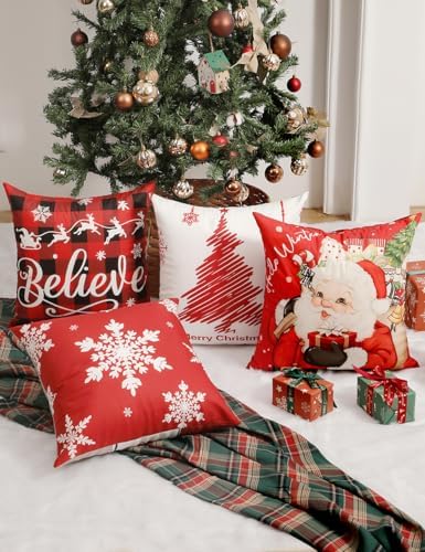 TOYPOPOR Christmas Decorations, Double Sided Throw Pillow Covers 16x16 Inches Set of 4, Christmas Tree, Snowflakes, Merry Christmas, Snowman Reindeer Cushion Case for Farmhouse Home Holiday Decor - Image 4