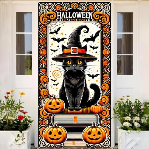 BlissYard Halloween Door Cover Black Cat Pumpkins 35x71 Inch Polyester - Image 5