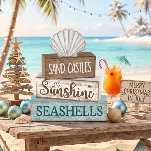 Yuntau 4 Pcs Summer Decorations for Home Beach Block Sign Seashell Display - Image 2