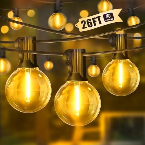 LAMPHOME LED Outdoor String Light, 26Feet Patio Lights with12+1Edison Shatterproof Bulbs(1Spare), UL Waterproof Outside Lights connectable Dimmable for Backyard Porch Decor,Yellow by ULL
