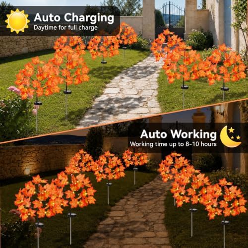 Fall Decorations Outdoor Solar Lights, 2Pcs Thanksgiving Lights 40LED 80 Maple Leaves Stake Light Waterproof 8 Lighting Modes for Autumn Patio Garden Yard Outside Halloween Thanksgiving Decorations - Image 3