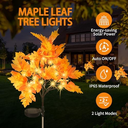 2 Packs Solar Prelit Fall Tree Lights for Outdoor Thanksgiving Decorations, 2 Modes Thanksgiving Solar Lights, Waterproof Maple Tree Solar Fall Lights for Fall Yard Patio Garden - Image 2
