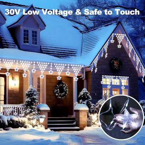 Christmas Outdoor String Lights Waterproof, 218 LED 13.8FT Star Curtain Fairy Lights with 11 Drops Connectable Clear Wire Christmas Light Decorations 8 Modes for Eaves Yard Wedding Party Holiday Decor - Image 4