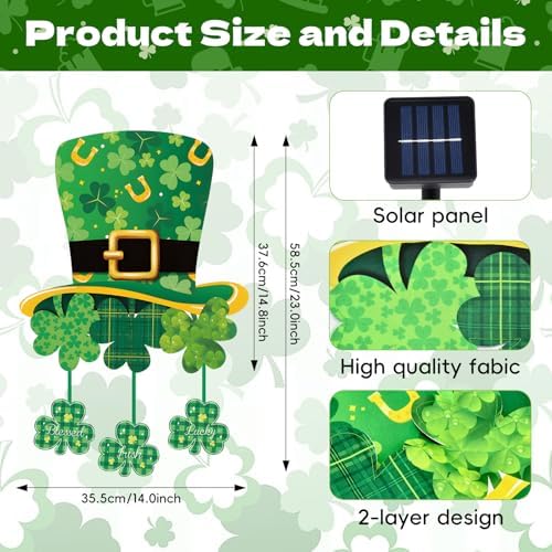 14 x 23 Inches Lighted St. Patrick’s Day Garden Flag – Double-Sided Shamrock Hat Yard Flag with Warm LED Lights, Solar-Powered Outdoor Irish Décor for Porch, Lawn and Patio - Image 3