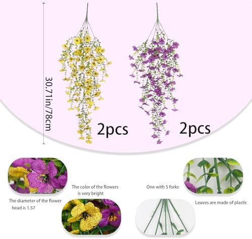 4 Pcs Artificial Hanging Flowers for Outdoors Spring Summer Faux Silk Daisy Flowers UV Resistant Fake Plants Eucalyptus Realistic for Outside Home Indoor Planter Porch Yard Decor Yellow Purple - Image 2