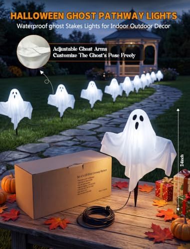 Halloween Ghost Pathway Lights 11.5FT, 4 White Glowing Ghost Garden Stakes - Image 5