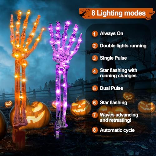 Solar Halloween Decorations,5 Pack Skeleton Hands Halloween Pathway Lights - Waterproof LED Stakes with 250 Purple &Orange Lights, 8 Modes - Scary Outdoor Yard Solar Powered Haunted Decorations - Image 5