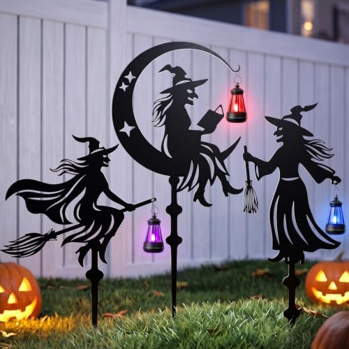 KODIBO Halloween Decor 3-Pack Metal Witch Yard Stakes with Solar Lanterns by KODIBO