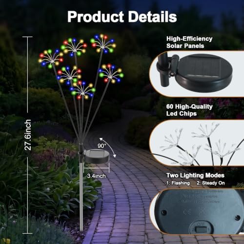Solar Garden Lights Outdoor, 2 Pack New Upgraded Solar Swaying Starburst Light, Waterproof Fireworks Solar Lights for Yard Patio Pathway Decoration, Multicolor - Image 6