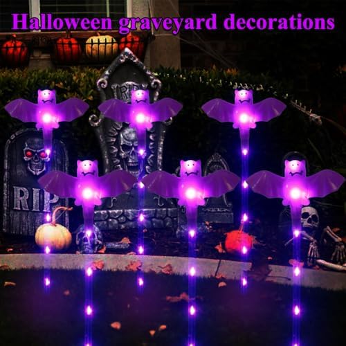 Halloween Decorations Outdoor Solar Bat Garden Lights,6 Pack 56LED Solar Halloween Bats Lights, Waterproof Solar Pathway Lights for Outside Patio Yard Lawn Grave Party Gifts Decor Purple - Image 5