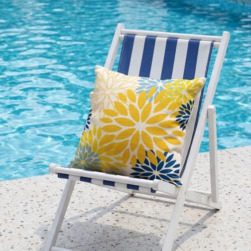 AVOIN colorlife Dahlia Flowers Yellow and Blue Waterproof Outdoor Throw Pillow Covers, 18 x 18 Inch Outdoor Summer Cushion Case Decoration for Patio Garden Porch Set of 2 - Image 3