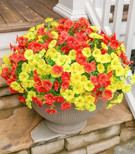 HyeFlora Artificial Flowers for Outdoors Fake Plants Outside Decoration, 12 Bundles Silk Colorful Morning Glory with Eucalyptus UV Resistant Realistic Faux Flowers for Planter Porch Patio Yard Garden - Image 2