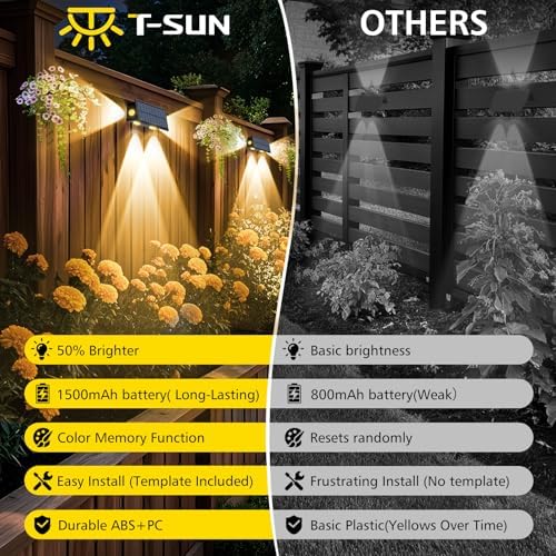 T-SUN Solar Fence Lights Outdoor, 4 Pack Waterproof Fence Lights Solar Powered 8 Mode RGB & Warm White＆Color Changing Dusk to Dawn Wall Lights for Yard Patio Step Deck Railing Pool - Image 2