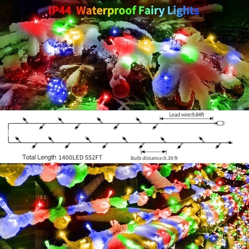 552 FT 1400 LED Christmas Lights Outdoor Decorations Super Long Fairy Lights Waterproof 8 Modes Timer Clear Wire String Lights for Outside House Tree Patio Yard Wedding Party Holiday-Multicolored - Image 5