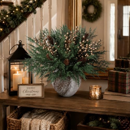Faux Cedar Stems Artificial Norfolk Pine Branches for Christmas Decorations, 20 PCS Faux Pine Stems with Pinecones Gold Berries Branches Realistic Faux Greenery for Vases DIY Garland Xmas Table Indoor - Image 5