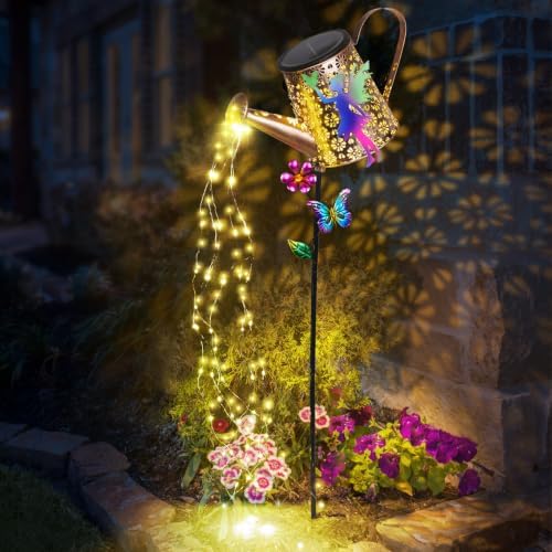 Solar Lights Outdoor Decorative, Watering Can with Cascading Lights by Newinhome