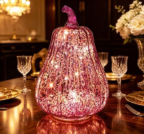 Fall Decorations for Home,Mercury Glass Pumpkin Lights with Timer(Purple) - Image 2