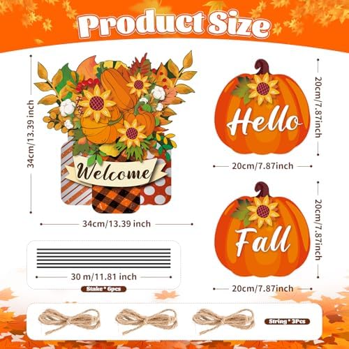 3 Pcs Metal Pumpkin Yard Stakes with Welcome Sign Hello Fall Pumpkin Yard Signs Hanging Wall Decor Farmhouse Decorative Garden Stakes for Autumn Harvest Thanksgiving Outdoor Walkway Decor - Image 2