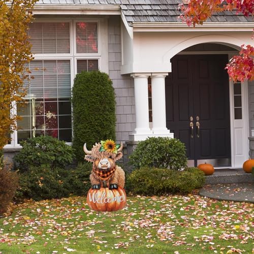 Glitzhome Fall Thanksgiving Yard Stake Decorations for Outdoor, 29.75" H Thanksgiving Metal Highland Cow Yard Stake or Wall Décor, Fall Garden Stakes for Patio Pathway Autumn Harvest Decorations - Image 3