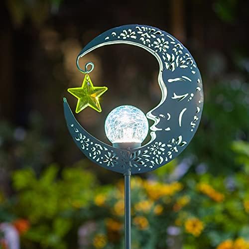 Hapjoy Outdoor Solar Lights Garden Decor for Patio,Lawn or Pathway Moon Decorations Crackle Glass Globe Stake Metal Lights Waterproof Warm LED Garden Gifts (Blue) by Hapjoy