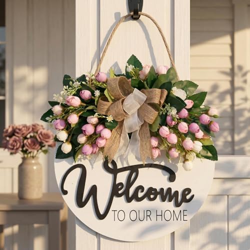 Spring Summer Welcome Wreath for Front Door, Farmhouse White Welcome Sign - Image 5