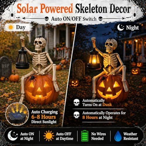 Halloween Outdoor Decorations Solar Lighted Skeleton Pumpkin Statue with Lantern 9.3 Inch Resin Jack O Lantern Yard Decor Halloween Skeleton Decoration for Porch Patio Garden Lawn - Image 3