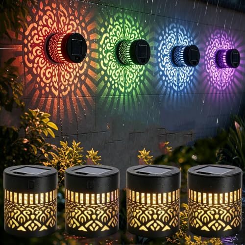Solar Mandala Outdoor Wall Lights, 4 Pack 7 Color Changing Metal Fence Lanterns, Waterproof Solar Powered Deck Step Stair Lights for Garden Patio Yard Landscape Decor by Unknown