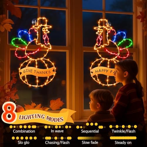2 Pcs Large Thanksgiving Window Lights Turkey Decorations, Fall Decor Window Lights, LED Turkey Pumpkin Light 2026 Thanksgiving Decor with Timer & 8 Mode & Battery Operated(Yellow Red Green,17") - Image 3