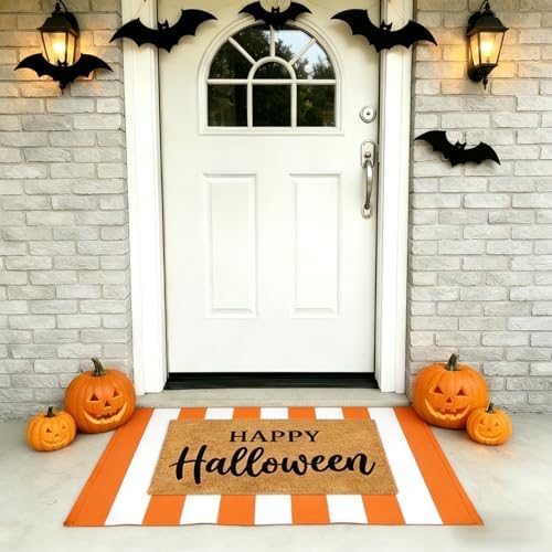 SEEKSEE Happy Halloween Decor Doormat Set, Thick Coco Coir Door Mat + Orange and White Striped Rug, Outdoor Layered Mat for Front Door Non-Slip Backing Floor Mat for Porch by SEEKSEE