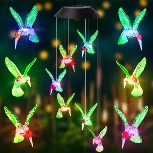 AVEKI Solar Wind Chimes Outdoor, Color-Changing Solar Mobile Wind Chime Waterproof Solar Powered LED Hanging Lamp for Outdoor Garden Festival Decoration (Hummingbird) - Image 2