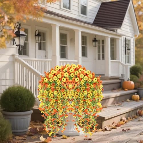 4PCS Artificial Hanging Flowers for Outdoors Summer Decoration, Upgrade UV Resistant Faux Silk Hanging Plants for Outside Home Planter Porch Patio Decor (Orange&Yellow) - Image 2