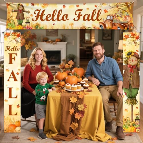 AIBIIN 3pcs Hello Fall Porch Decor Autumn Harvest Porch Banner Sign Thanksgiving Scarecrow Pumpkin Front Door Sign Hanging Home Farmhouse Yard Harvest Party Decorations - Image 6