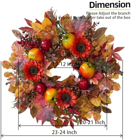 HipTree Handcrafted 24In Fall Wreath Sunflower Pomegranate Front Door Decor - Image 3
