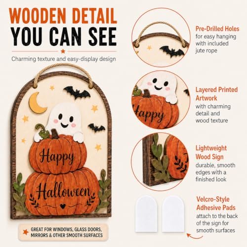 LKTEE Halloween Door Sign, Wooden Ghost Pumpkin Decor for Front Door - Image 6